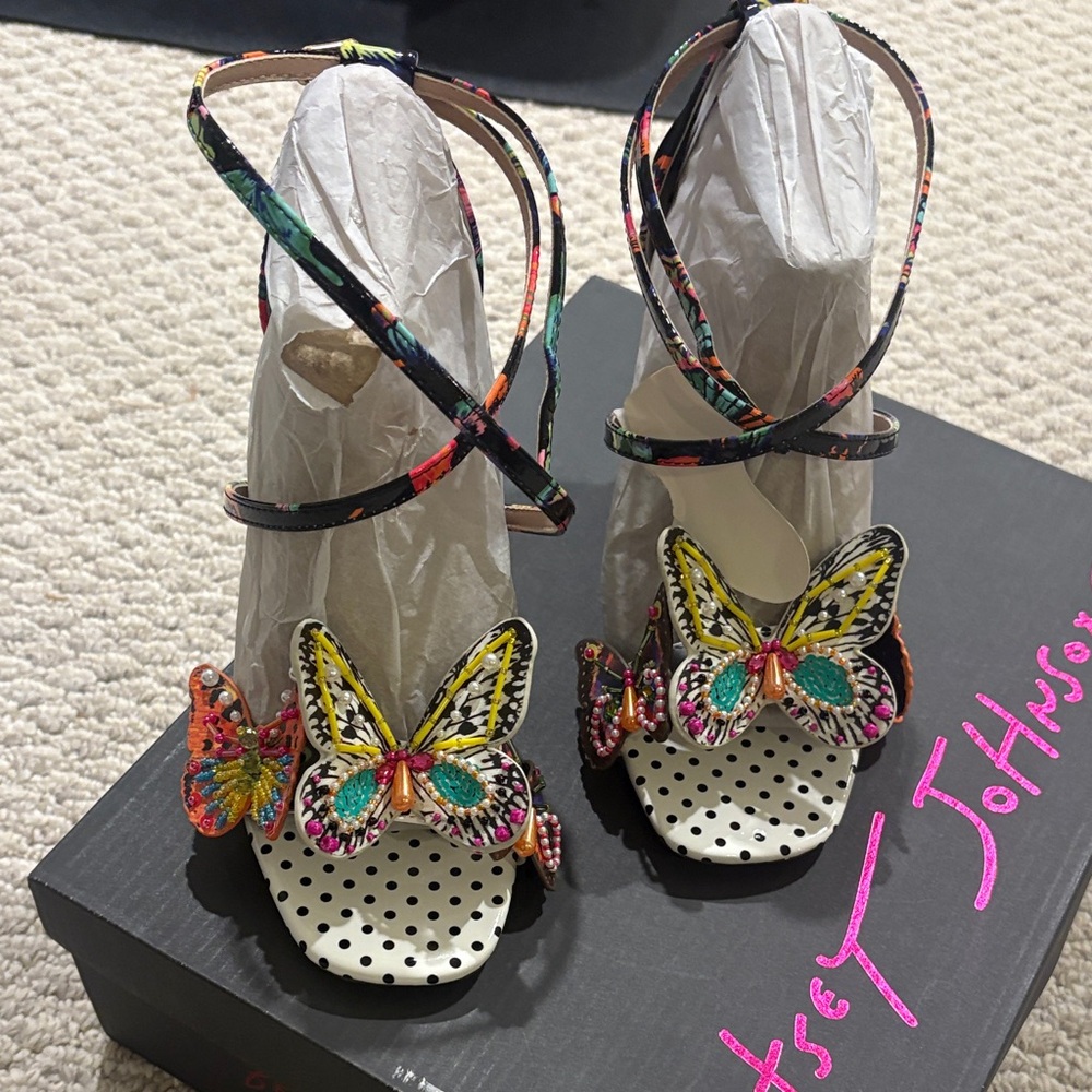Betsey Johnson Multicolor Butterfly Embellished Strappy Heels - Picture 2 of 6